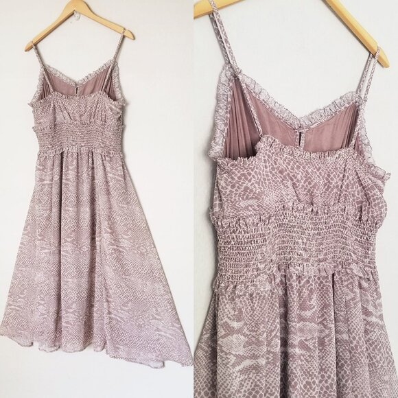 Cleobella Ruffle Trim Smocked Waist Midi Dress L Sleeveless Python Snake Slits - Picture 14 of 14